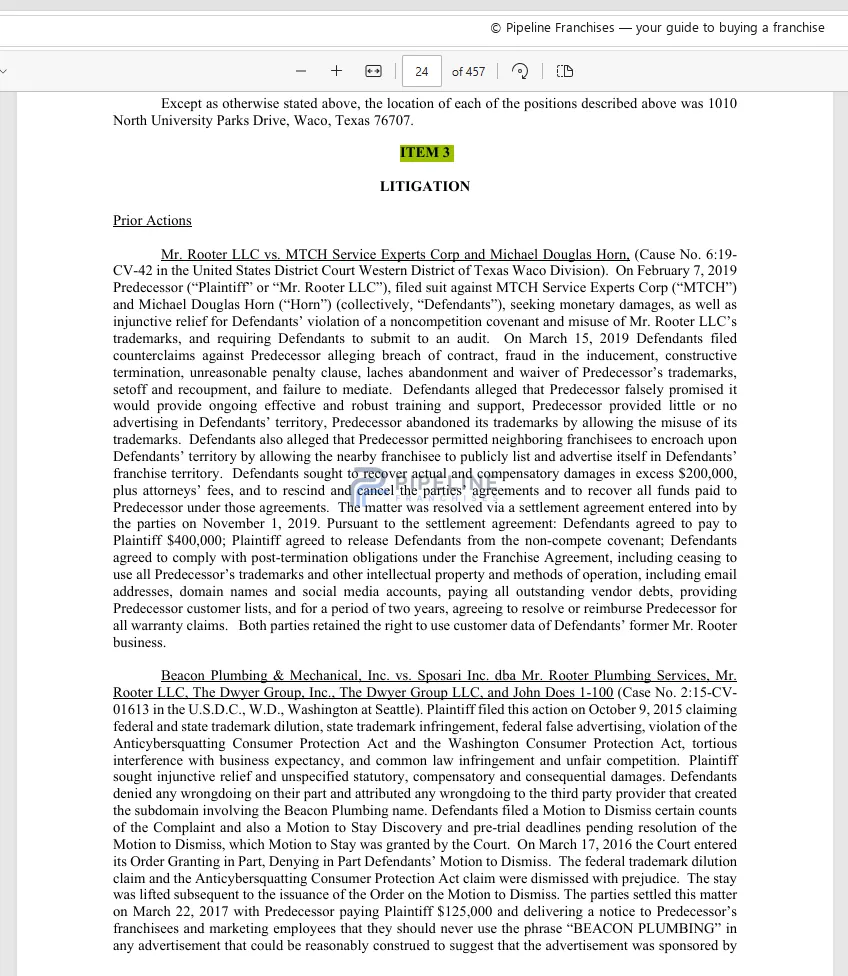 Mr. Rooter franchise - Item 3, showing Litigation