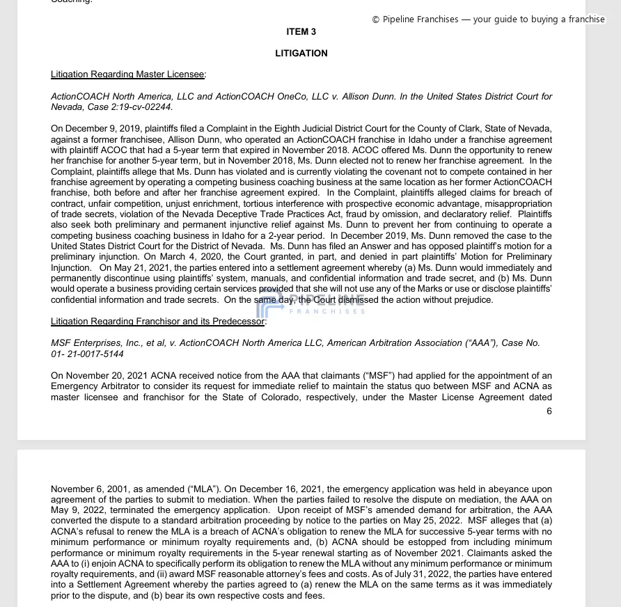 ActionCOACH franchise - Item 3, showing Litigation