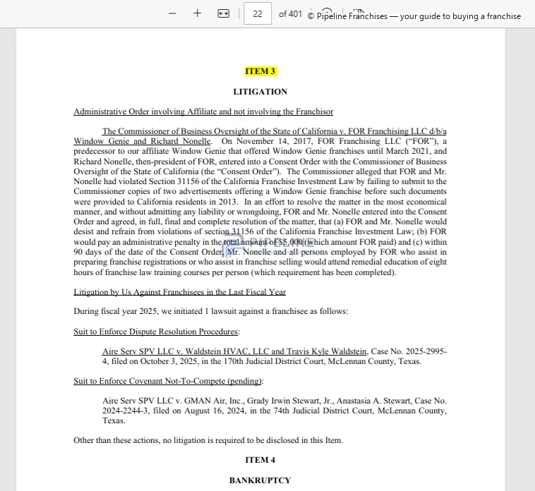 Aire Serv franchise - Item 3, showing Litigation