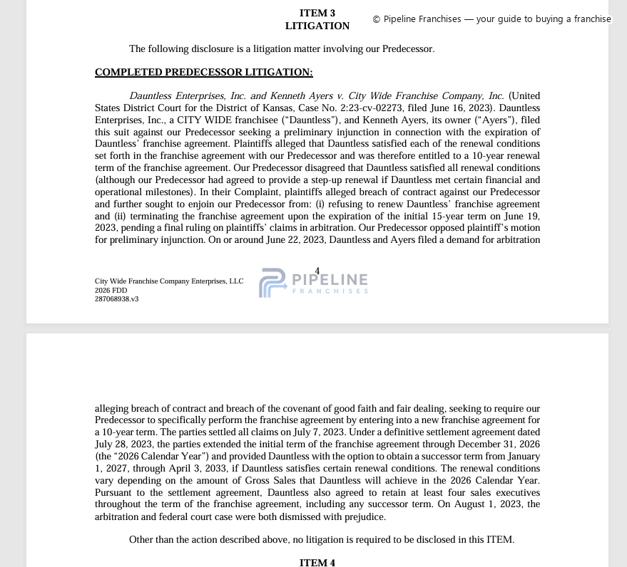 City Wide franchise - Item 3, showing Litigation