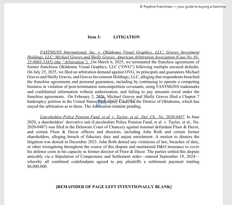FASTSIGNS franchise - Item 3, showing Litigation