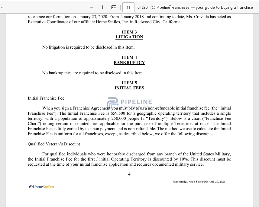 HomeSmiles franchise - Item 3, showing Litigation