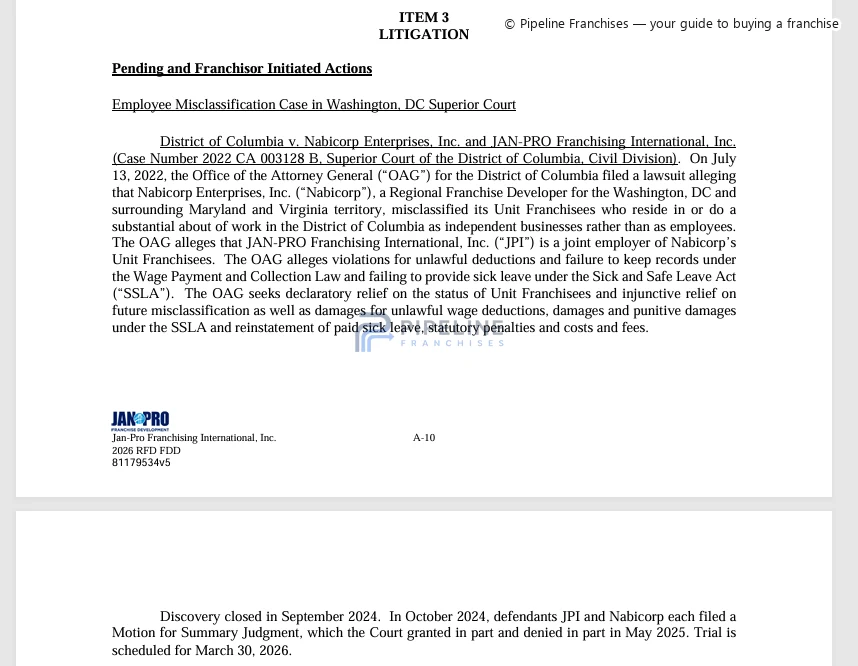 Jan-Pro International franchise - Item 3, showing Litigation