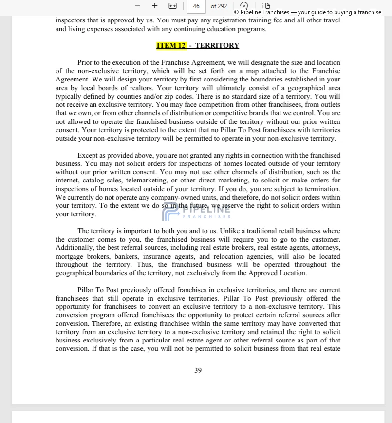 Pillar To Post Home Inspectors franchise - Item 12, showing Territory