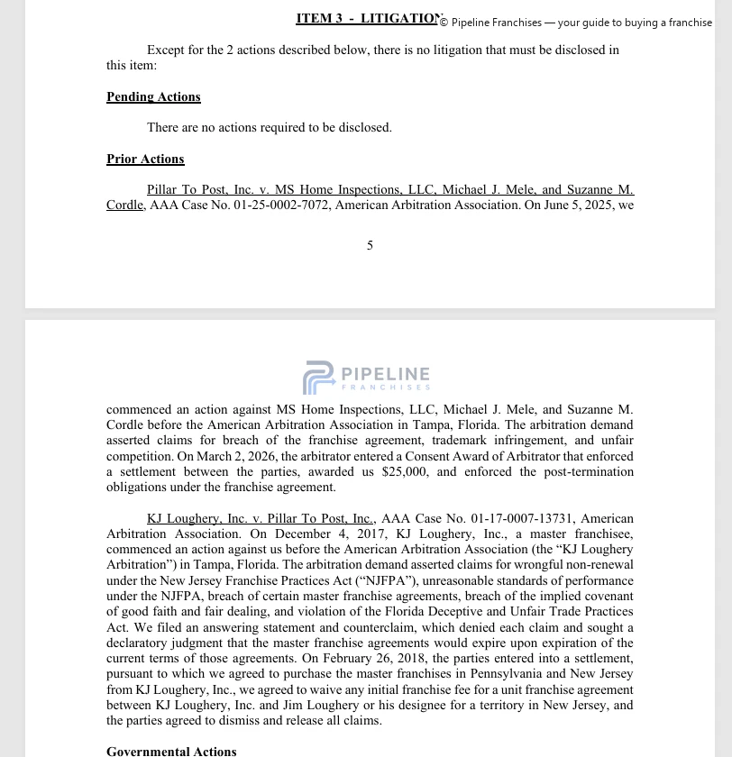 Pillar To Post Home Inspectors franchise - Item 3, showing Litigation