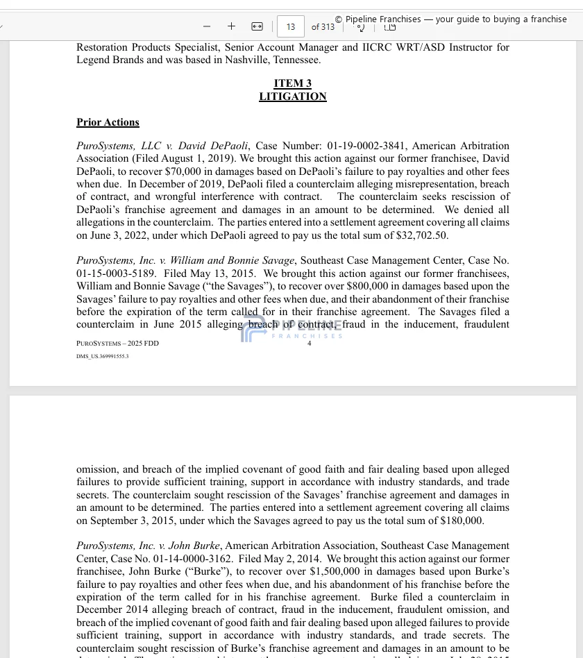 PuroClean franchise - Item 3, showing Litigation