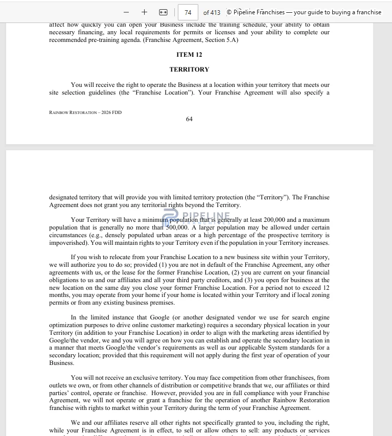 Rainbow International Restoration franchise - Item 12, showing Territory