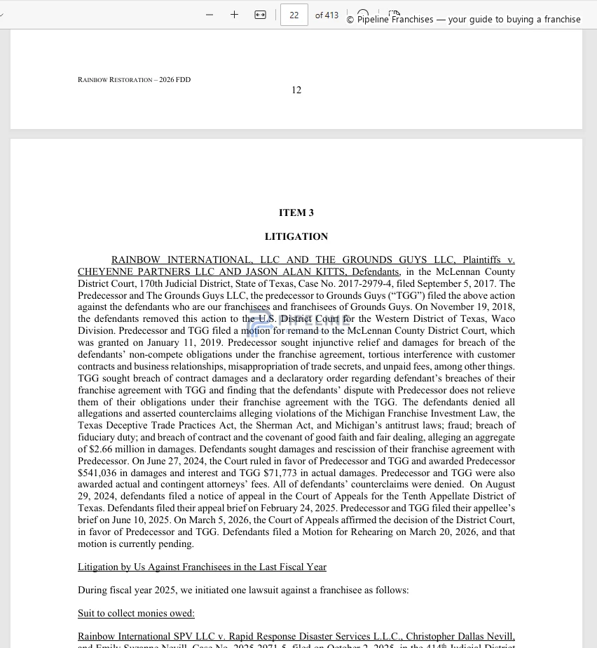 Rainbow International Restoration franchise - Item 3, showing Litigation
