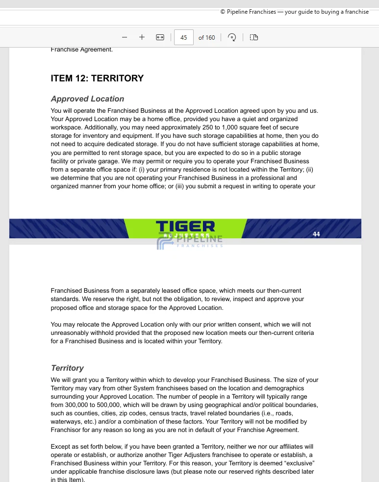 Tiger Adjusters franchise - Item 12, showing Territory