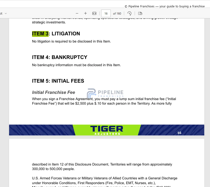 Tiger Adjusters franchise - Item 3, showing Litigation