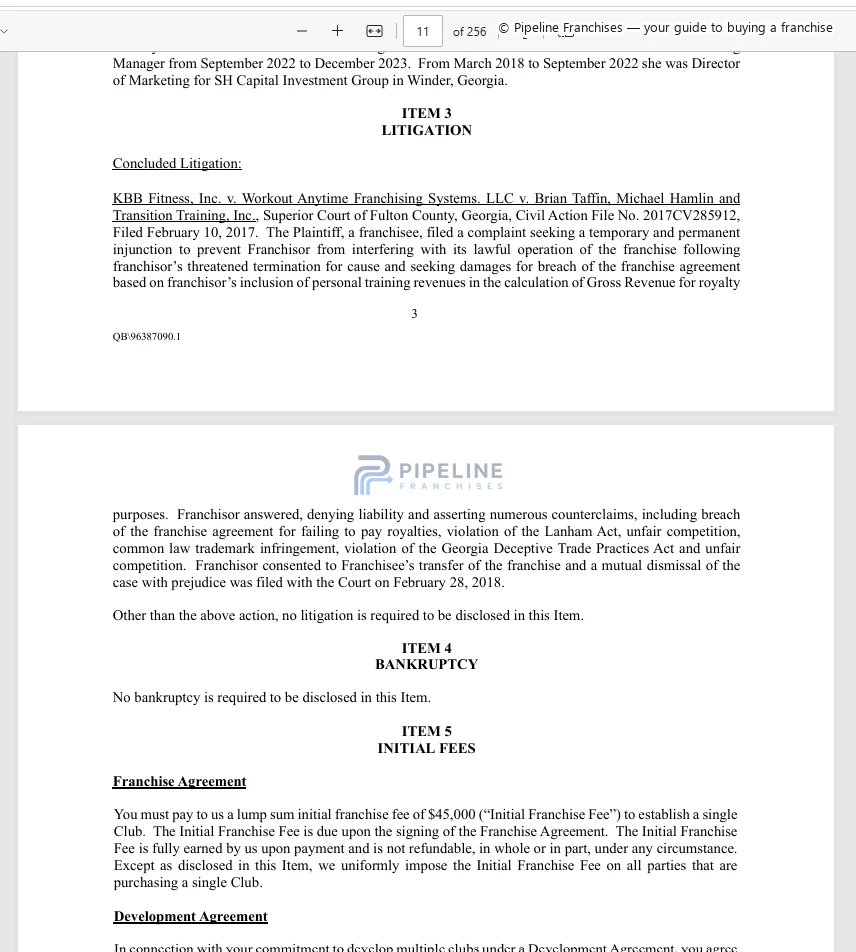 Workout Anytime franchise - Item 3, showing Litigation