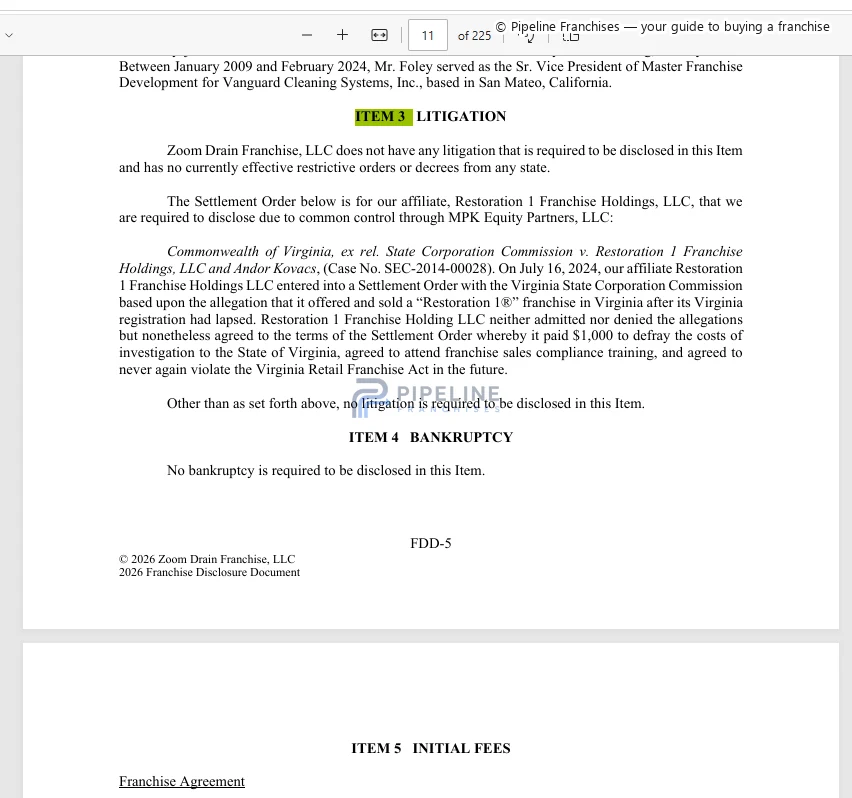 ZOOM DRAIN franchise - Item 3, showing Litigation